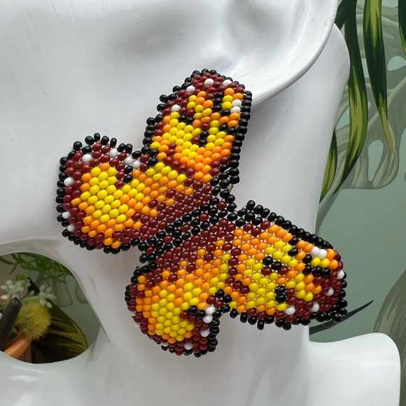 Oversized Statement Butterfly Earrings - Seed Bead Butterfly Dangle Earrings - Picture 5 of 9